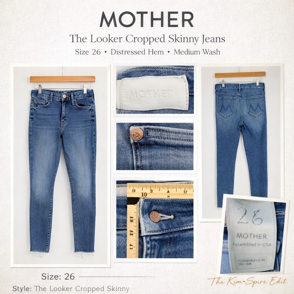 Mother Denim High Rise Skinny Jeans Medium Wash Raw Hem Distressed Blue Womens